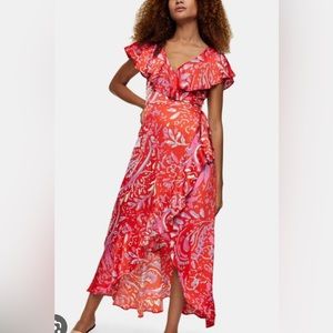 Topshop Satin Ruffle Wrap High/Low Dress - Size 2